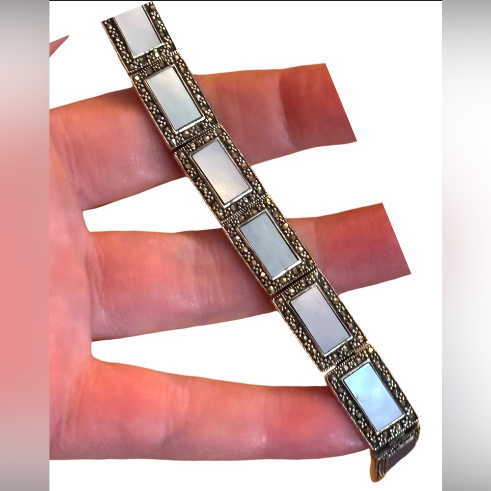 Vintage Mother of Pearl Bracelet Marcasite Sterling Silver Bracelet 925